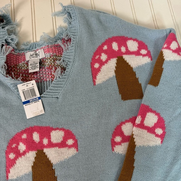 Just Polly New York‎ Sweater Medium Blue Mushrooms novelty - Picture 1 of 8